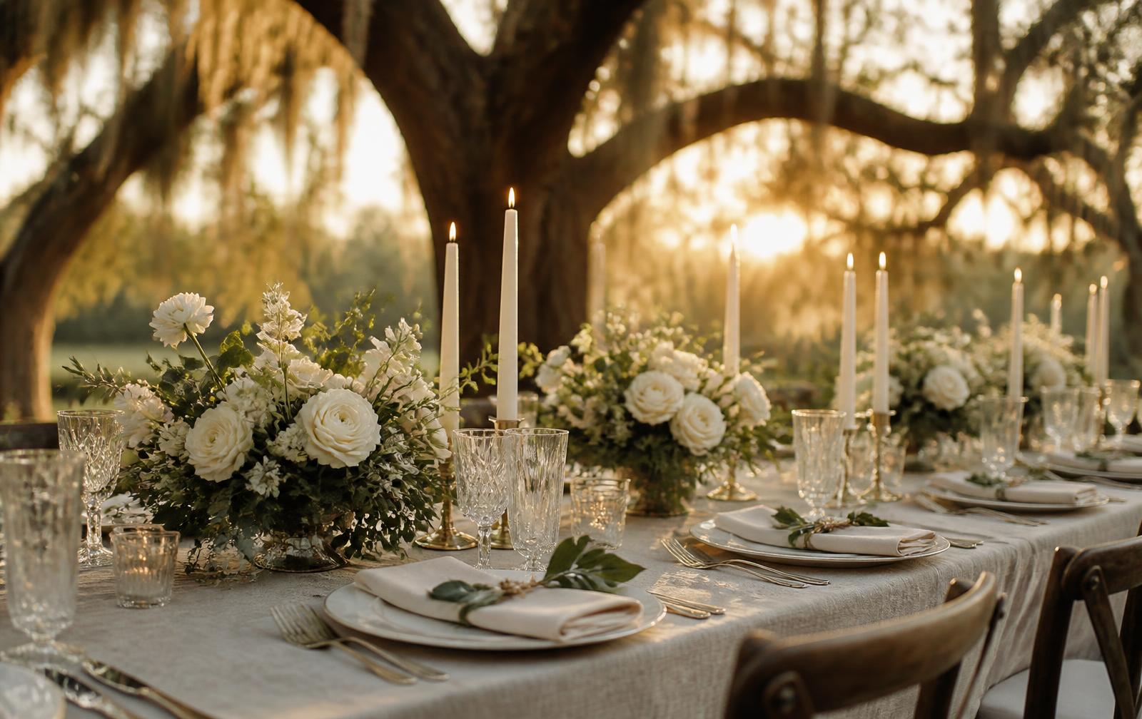 Candlelit reception table set under southern live oaks at golden hour